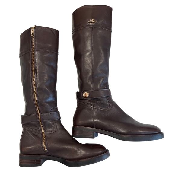Coach Turnlock Eva Skinny Calf Riding Boot Women's Size 8 Brown Leather Gold - Picture 1 of 15